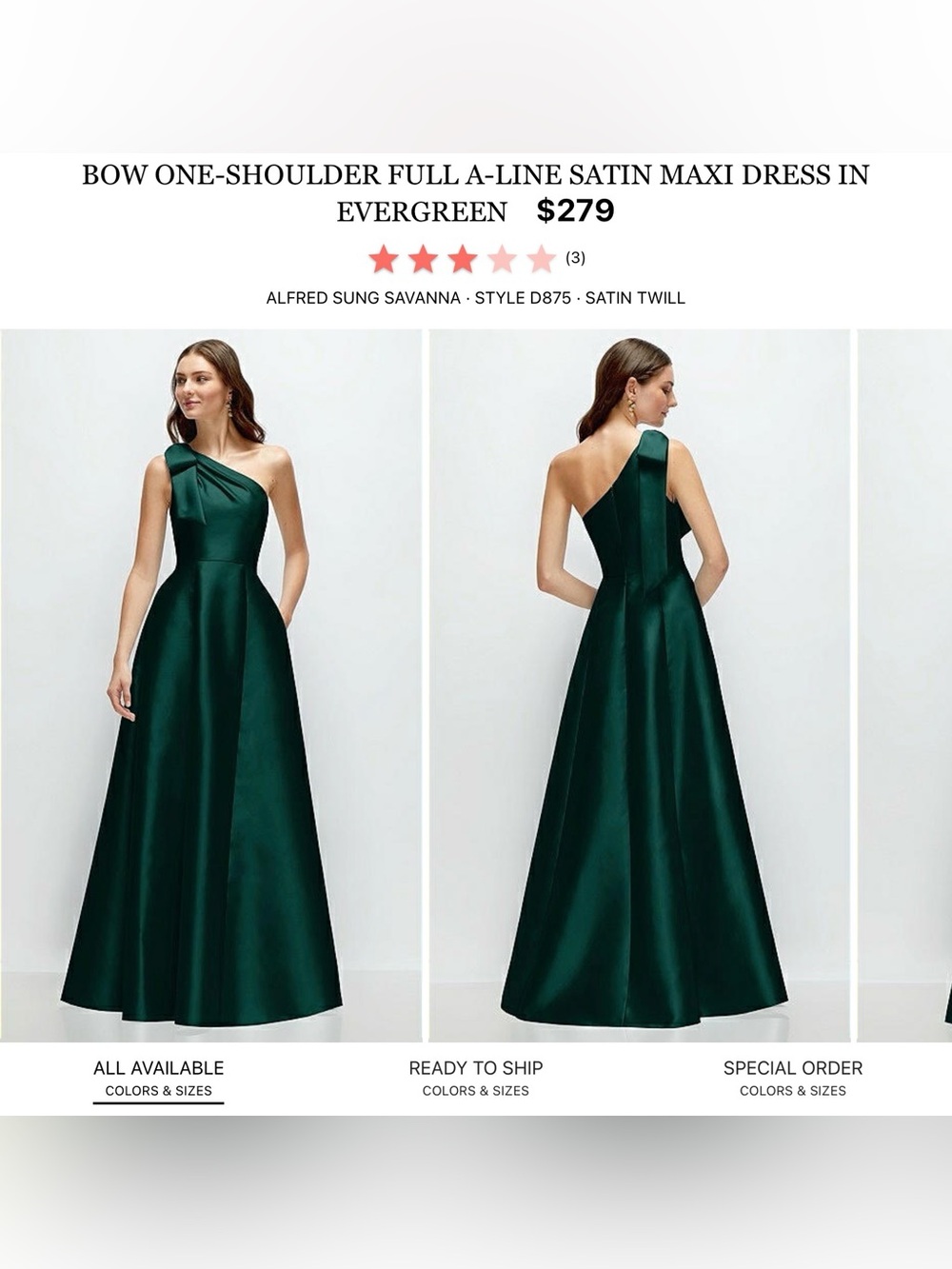 Alfred One-Shoulder Satin A-Line Maxi Dress in Evergreen
